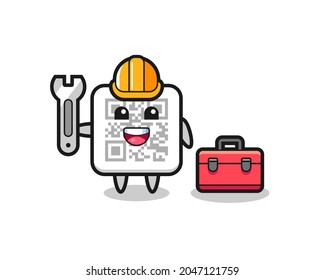 Mascot cartoon of qr code as a mechanic , cute design