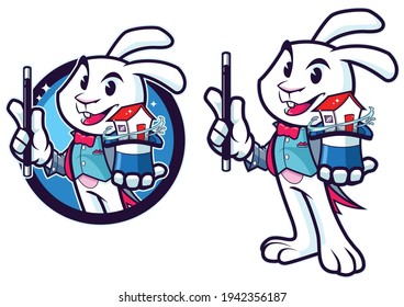 Mascot with cartoon rabbit magician pulling house out of his hat.