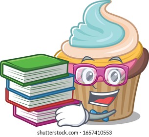 mascot cartoon of rainbow cupcake studying with book