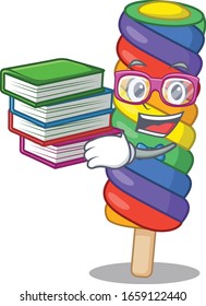 mascot cartoon of rainbow ice cream studying with book