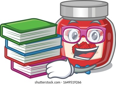 mascot cartoon of raspberry jam studying with book