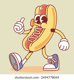 Maskottchen Cartoon Retro Vintage Gummischlauch Hotdog mit Sauce Mayonnaise. Geeignet für Logo, Aufkleber, T-Shirt