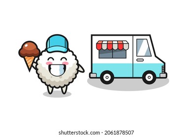 Mascot cartoon of rice ball with ice cream truck , cute style design for t shirt, sticker, logo element