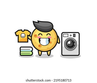Mascot cartoon of round cheese with washing machine , cute style design for t shirt, sticker, logo element