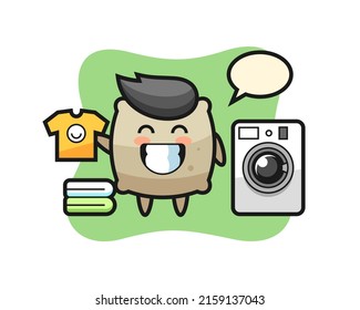 Mascot cartoon of sack with washing machine , cute style design for t shirt, sticker, logo element