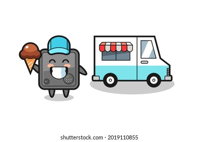 Caricatura en mascota de caja fuerte con camión de helados , diseño de estilo lindo para camiseta, pegatina, elemento logo