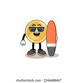 Mascot cartoon of south korean won as a surfer , character design