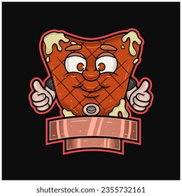Mascot Cartoon of Steak With Happy Smile Face. Blank Sign and Free Editable. Vectors Illustrations