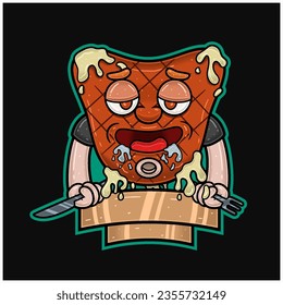 Mascot Cartoon of Steak With Hungry Face, Holding Knife And Fork. Blanks Sign and Free Editable. Vectors Illustrations