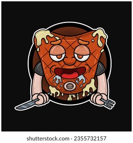 Mascot Cartoon of Steak With Hungry Face, Holding Knife And Fork. Circle Logo and Free Editable. Vectors Illustrations