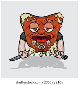 Mascot Cartoon of Steak With Hungry Face, Holding Knife And Fork. Free Editable. Vectors Illustrations