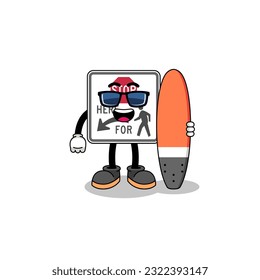 Mascot cartoon of stop here for pedestrians as a surfer , character design