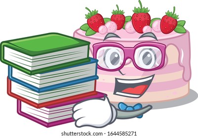 mascot cartoon of strawberry cake studying with book