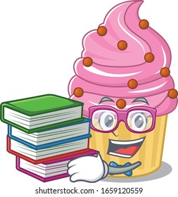 mascot cartoon of Strawberry cupcake studying with book