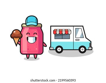 Mascot cartoon of strawberry jam with ice cream truck , cute design