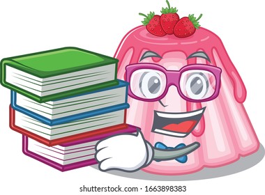 mascot cartoon of strawberry jelly studying with book