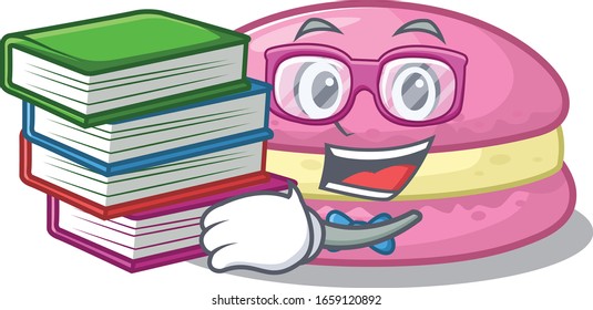 mascot cartoon of strawberry macarons studying with book