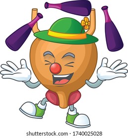 mascot cartoon style of bladder playing Juggling on stage