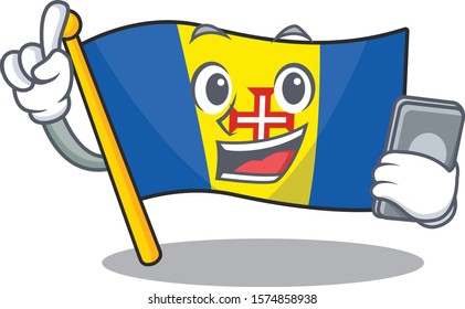 mascot cartoon style of flag madeira speaking with phone