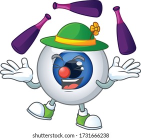 mascot cartoon style of human eye ball playing Juggling on stage