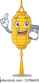 mascot cartoon style of lamp hanging speaking with phone