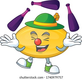 mascot cartoon style of oil capsule playing Juggling on stage