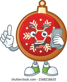 Mascot cartoon style of red christmas ball speaking with phone.