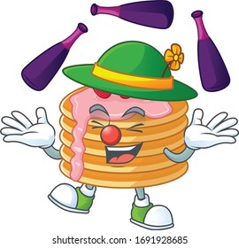 mascot cartoon style of strawberry cream pancake playing Juggling on stage