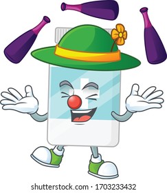 mascot cartoon style of supplement bottle playing Juggling on stage