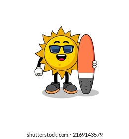Mascot cartoon of sun as a surfer , character design
