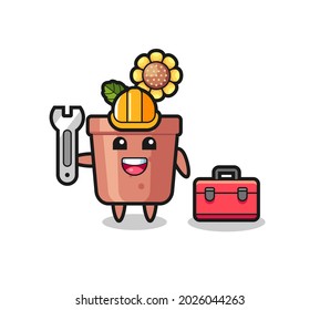 Mascot cartoon of sunflower pot as a mechanic , cute style design for t shirt, sticker, logo element
