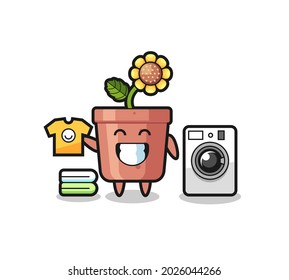 Mascot cartoon of sunflower pot with washing machine , cute style design for t shirt, sticker, logo element