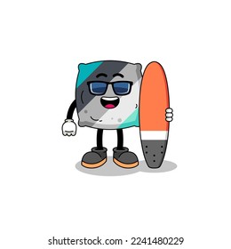 Mascot cartoon of throw pillow as a surfer , character design