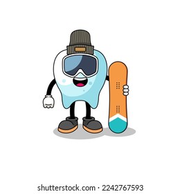 Mascot cartoon of tooth snowboard player , character design