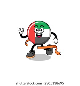 Caricatura mascota de la bandera de los EAU que corre en la línea de meta , diseño de personajes