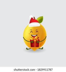 Mascot cartoon vector illustration lemon with Christmas hat carrying a gift box isolated background