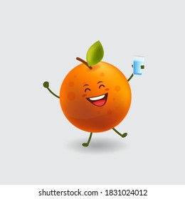 Dibujo vectorial de caricatura mascota. naranja bebiendo un vaso de agua. fondo aislado