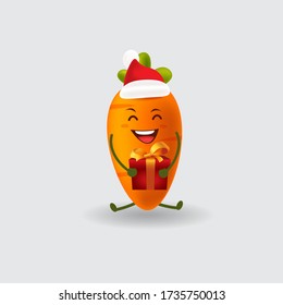 Mascot cartoon vector illustration_carrot with Christmas hat carrying a gift box_isolated background