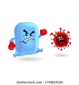 Mascot cartoon vector illustration_cute soap vs  red covid-19 corona virus_isolated background