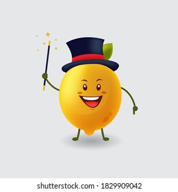 Mascot cartoon vector illustration_lemon with hat holding magic stick