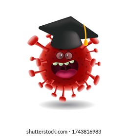 Mascot cartoon vector illustration_red covid-19 corona virus wearing graduation cap_isolated background