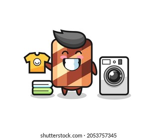 Mascot cartoon of wafer roll with washing machine , cute style design for t shirt, sticker, logo element