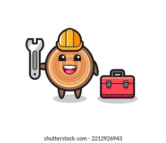 Mascot cartoon of wood grain as a mechanic , cute design