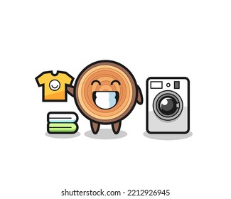 Mascot cartoon of wood grain with washing machine , cute design