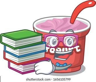 mascot cartoon of yogurt studying with book