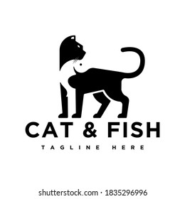 mascot cat logo, with the concept of a fish in a cat's negative space