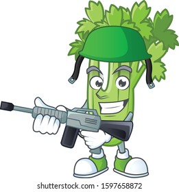 A mascot of celery plant as an Army with machine gun