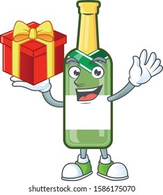 Mascot of champagne green bottle character up a gift