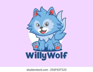 Mascot character of adorable wolf pup, cute cartoon style illustration of animal.