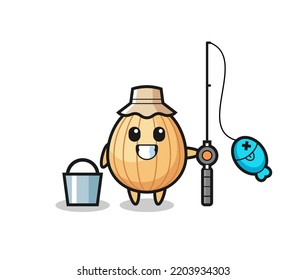 Mascot character of almond as a fisherman , cute design